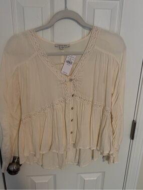 American Eagle Outfitters Cream Lace-Trim Peasant Blouse
